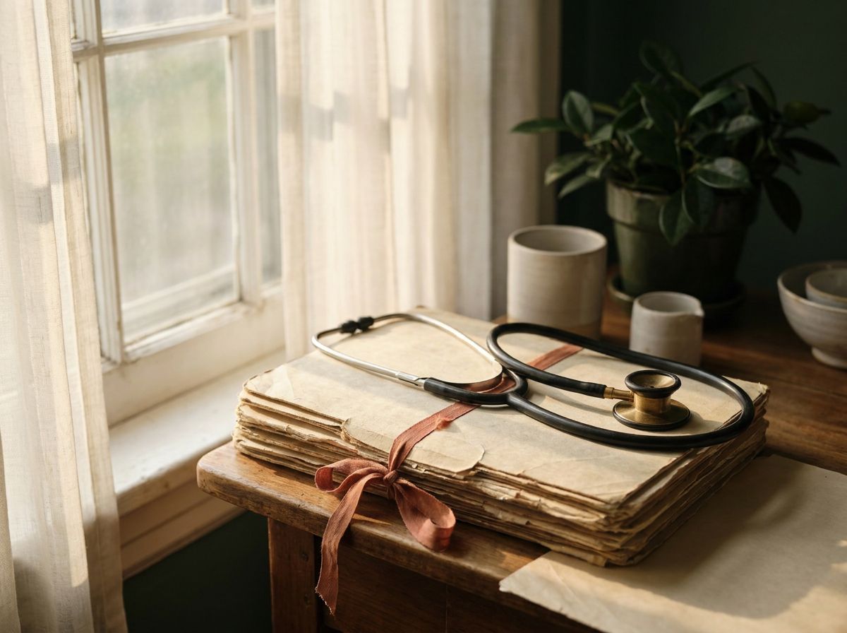 A stethoscope resting on patient record folders