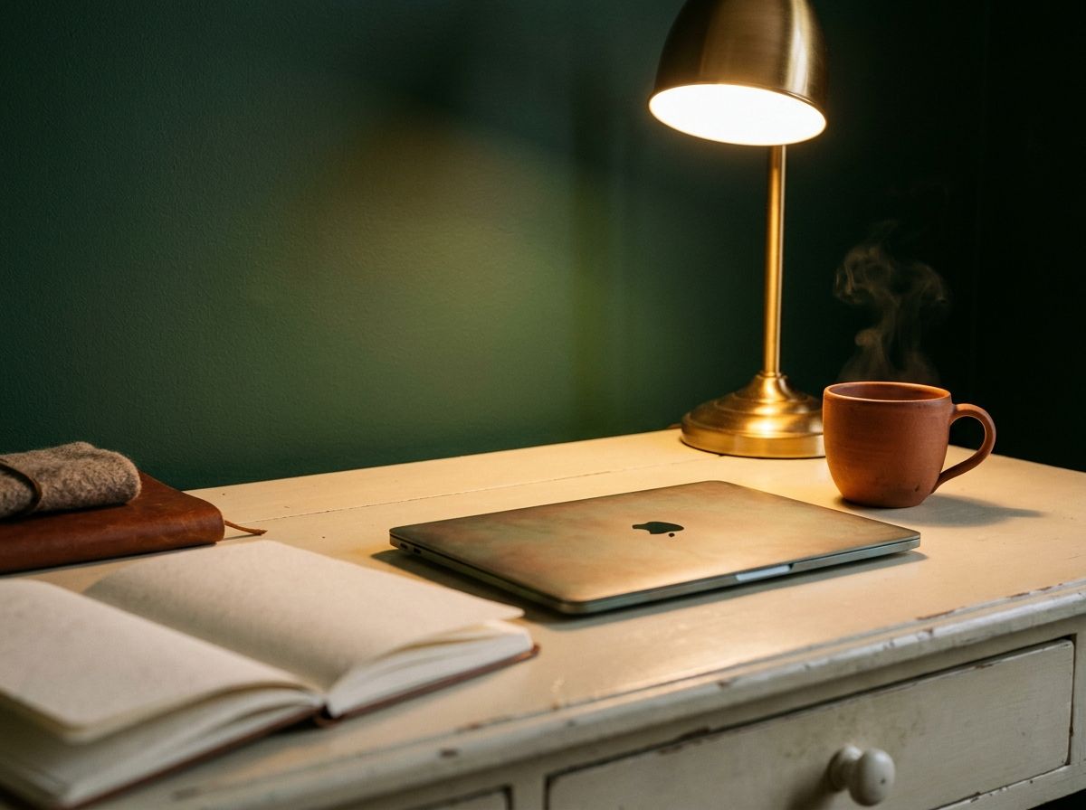 A study desk at dusk with an open notebook and a cup of tea